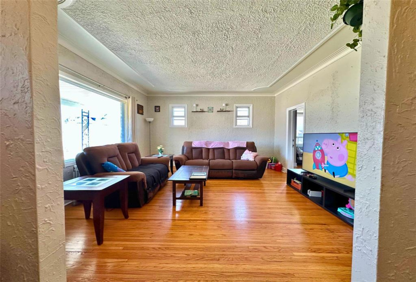 main floor living room with hardwood floors and piano windows