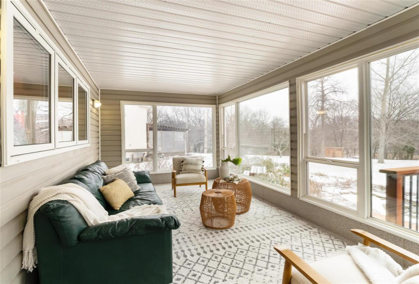 View of the Seine river, two tiered deck, patio and pond