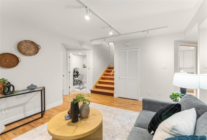 Behind that closet is the hot water tank, water softener, HRV,  access to the crawl space through the structural wood floor.
