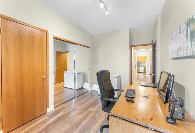 Second bedroom. Behind the door is the furnace.  Good size closet