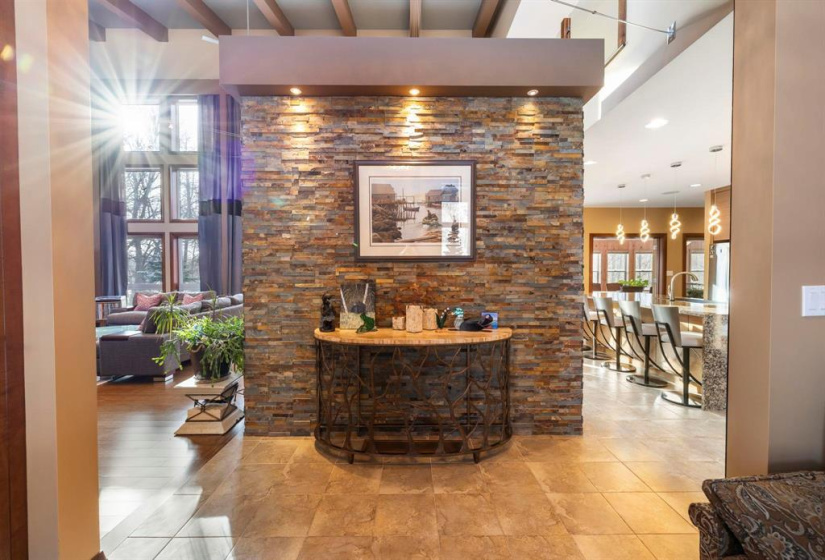 Front entryway with stone feature wall