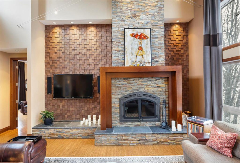 Wood burning fireplace w/copper,wood,slate & stone