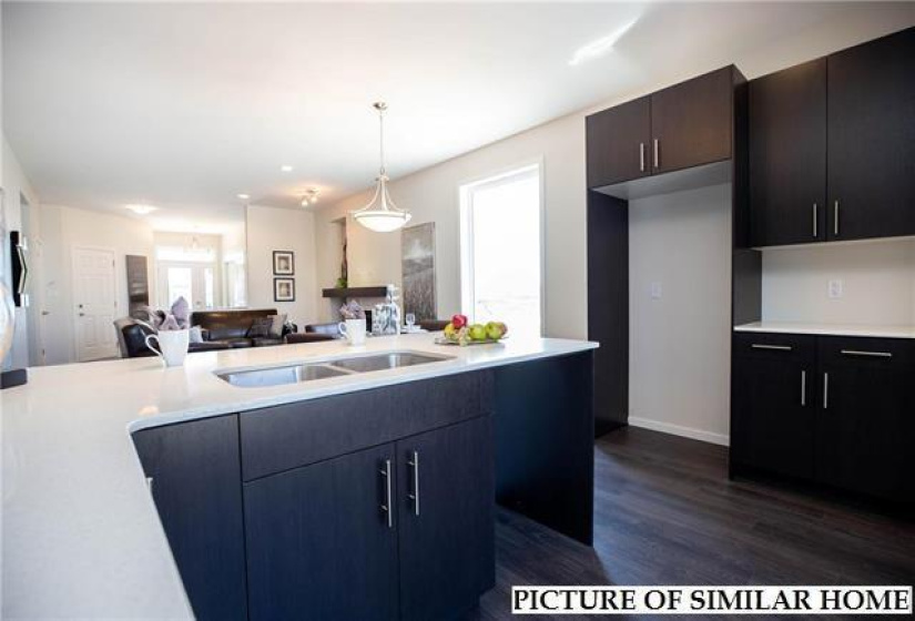 Quartz counters with undermount sink.