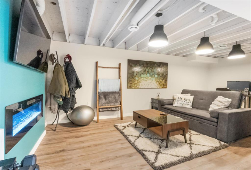 Finished basement in 2022. Electric fireplace. Vinyl plank flooring