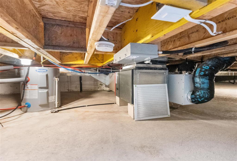crawl space for extra storage, electric furnace and HWT and HRV