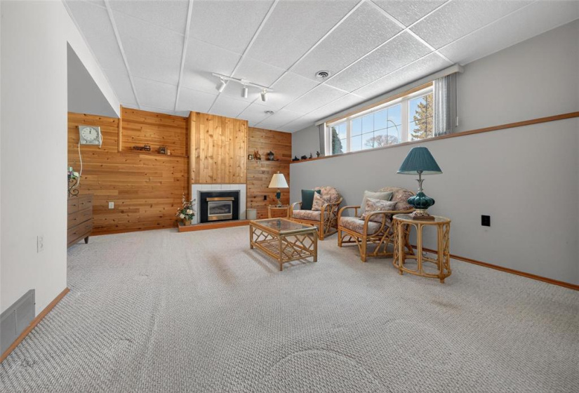 Rec room with wood paneling feature wall and gas fireplace.