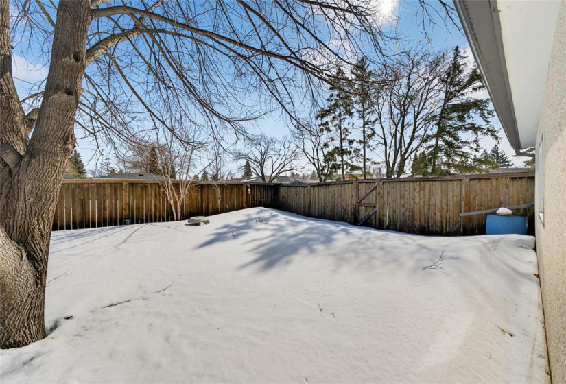 Mostly fenced with gate leading to walking path.