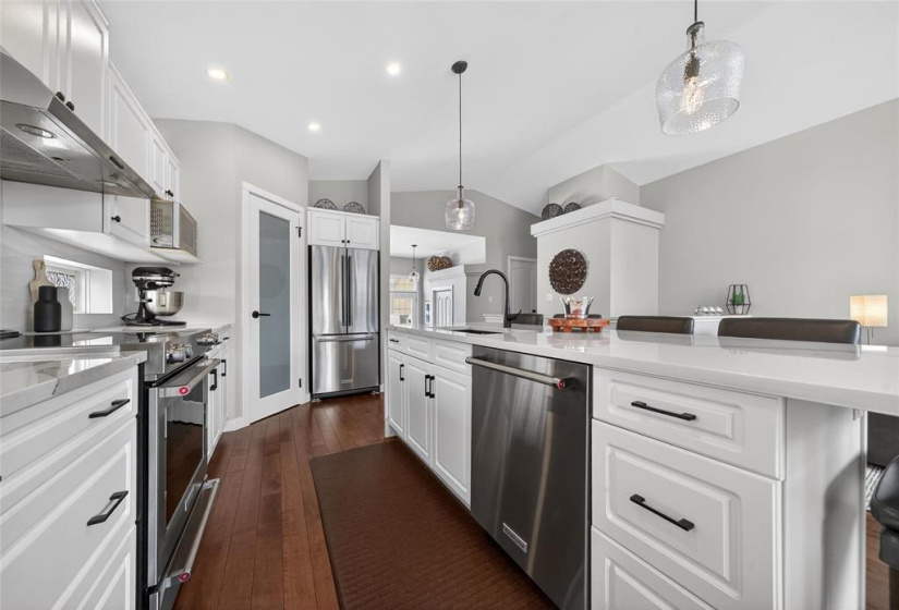 Quartz counters and waterfall island.