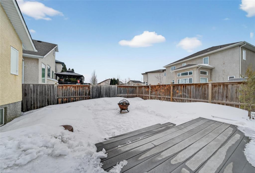 Fenced, zero-scaped backyard with patio.