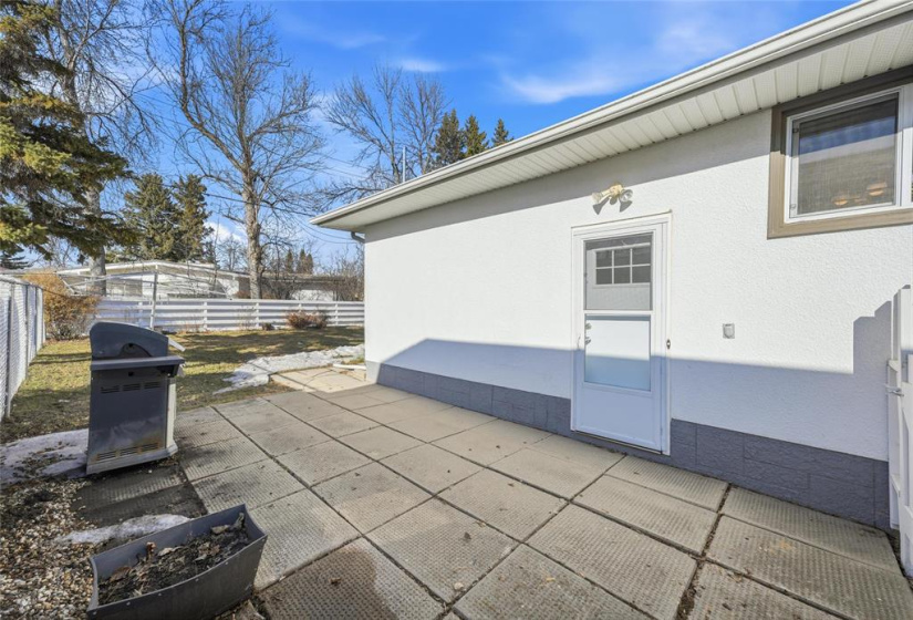 Stone patio outside.