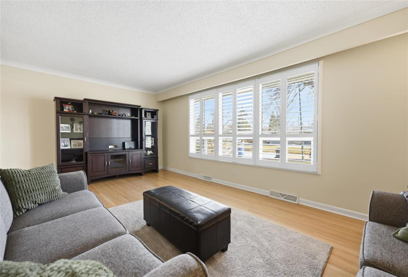 Sprawling living room with large picture windows and built-in shutters allowing tons of natural light to flow throughout the home.
