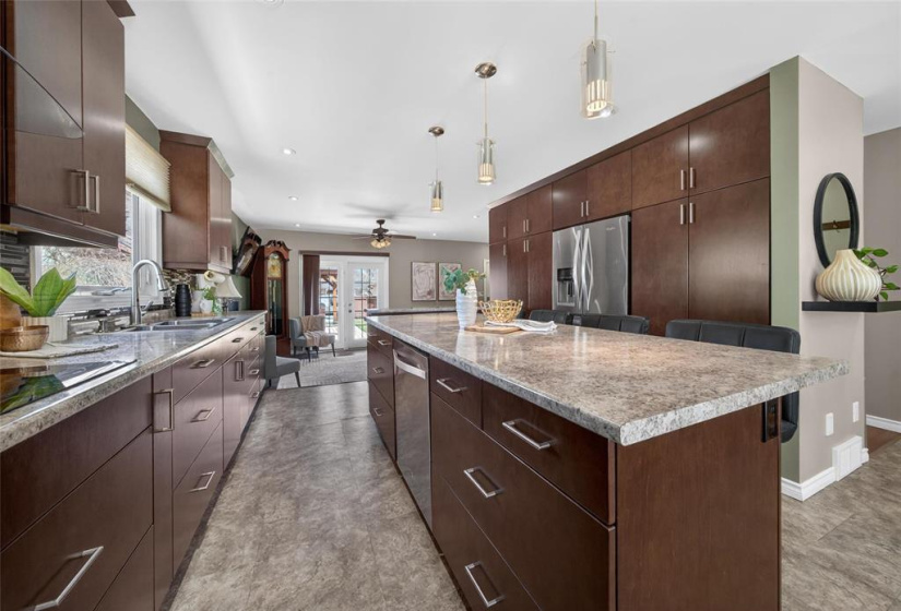 Island with pendant lighting.