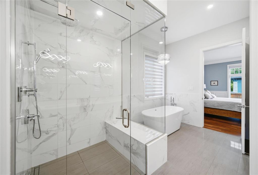 Marble walk in steam shower