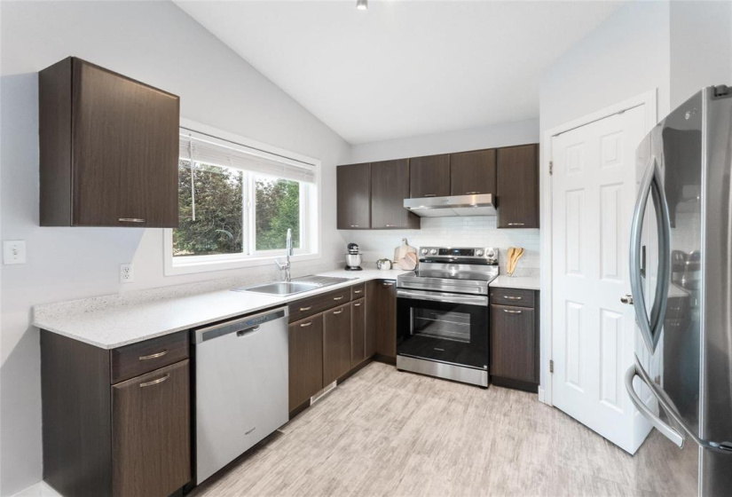 Quartz counters. Enjoy watching kids in back yard while doing dishes